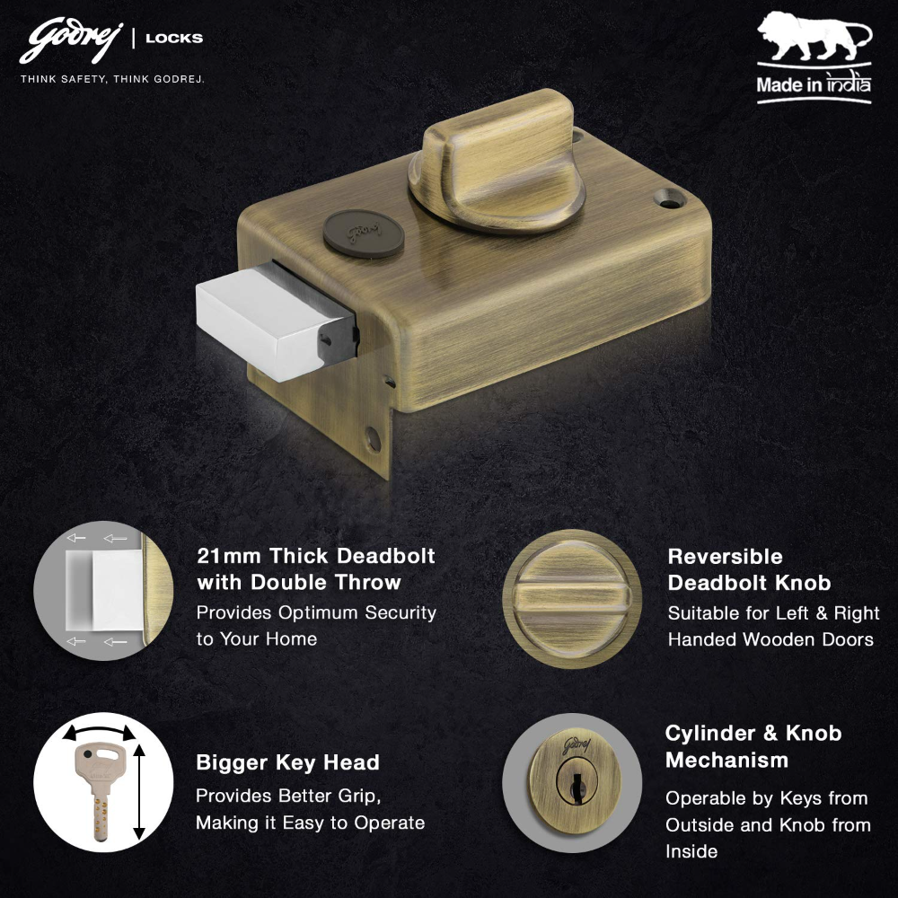 Godrej Rim Lock l 1CK Deadbolt I For Home Main Door I for Outside Opening Main & Safety Door I Left Right Handed Doors I Manual Locking I 4 Keys l Antique Brass Finish l 5 Year Warranty